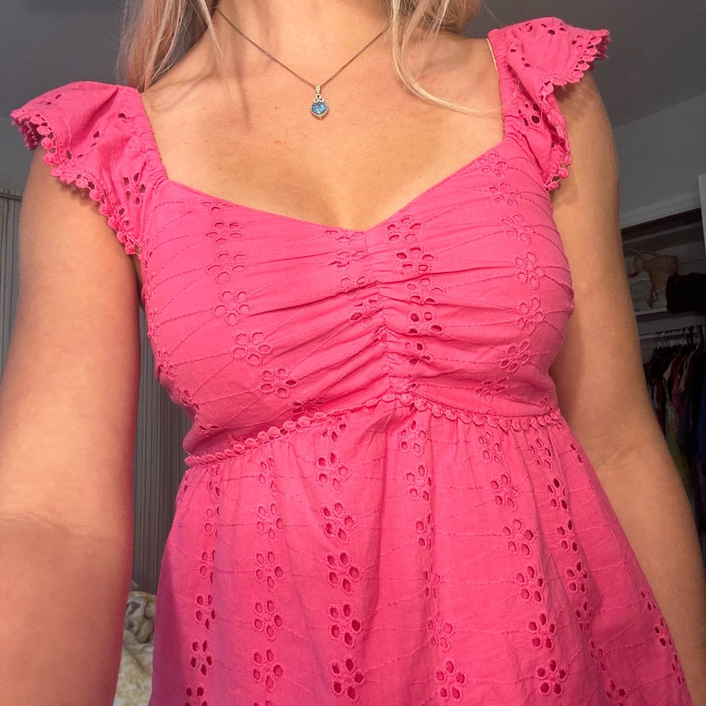 Aritzia Pink Eyelet Ruffle Strap Tank Dress